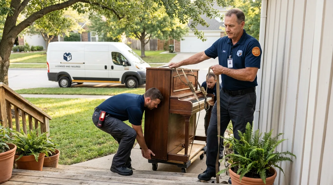 Licensed piano movers securing grand piano in Middleton, WI