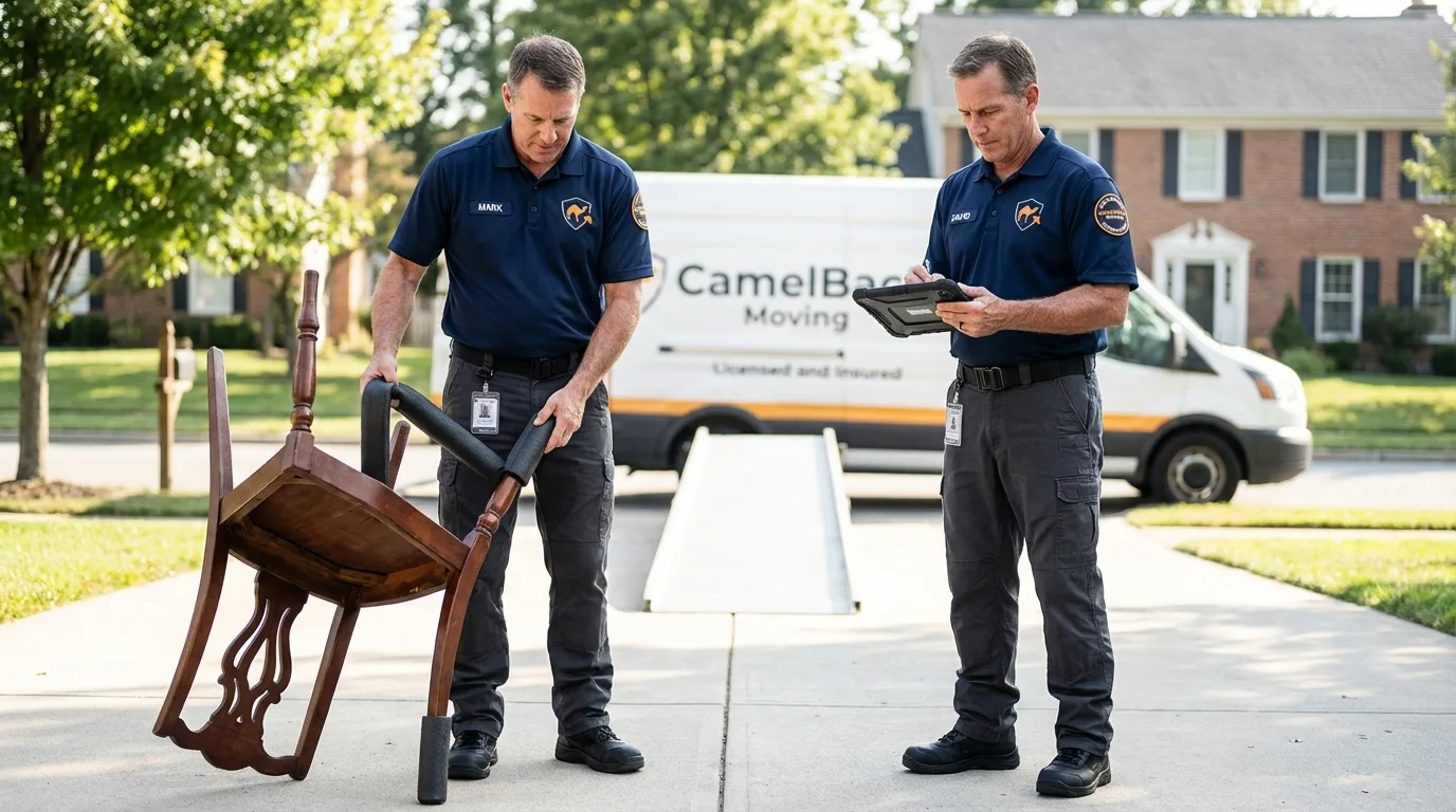 Movers inspecting furniture for damage prevention before loading in Middleton, WI