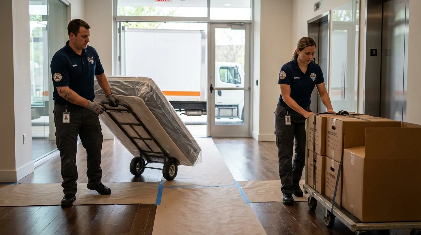 Professional apartment movers loading elevator in Middleton, WI